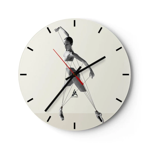 Wanduhr - Glasuhr - Eine schwarz-weiße Ballerina im Stil einer Marionette auf hellem Hintergrund. - 30x30cm - Im Theater der Welt - Moderne Wanddekoration für Wohnzimmer, Küche und Schlafzimmer ARTTOR