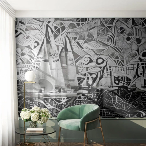 Fototapete Standard Eco - Abstraktes Segeln in Schwarz und Weiß - 100x70cm - Zwischen den Wellen - Moderne Wanddekoration für Wohnzimmer und Schlafzimmer ARTTOR