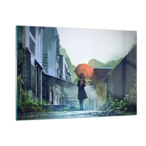 Glasbild - Bild auf glas - Eine Figur mit einem orangefarbenen Regenschirm auf einer verregneten Straße - 120x80cm - Belebender Regen - Moderne Wanddekoration für Wohnzimmer und Schlafzimmer ARTTOR