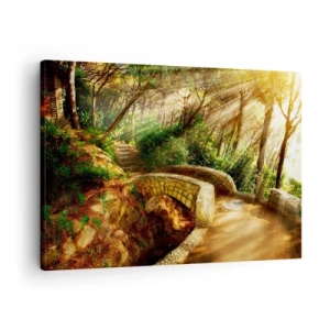 Bild auf Leinwand - Leinwandbild - Waldlandschaft mit Sonnenstrahlen und einer Steinbrücke - 70x50cm - Direkt von der Brücke in den Märchenwald - Moderne Wanddekoration für Wohnzimmer und Schlafzimmer ARTTOR