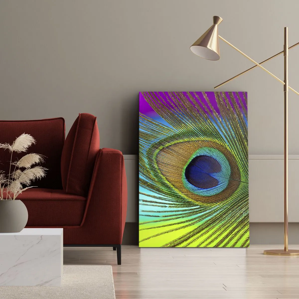 Bild auf Leinwand - Leinwandbild - Nahaufnahme einer Pfauenfeder mit lebendigen Farben - 50x70cm - Auge in Auge - Moderne Wanddekoration für Wohnzimmer und Schlafzimmer ARTTOR