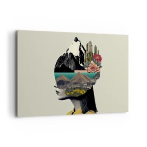 Bild auf Leinwand - Leinwandbild - Collage einer Frau mit Berglandschaft und Blumen - 120x80cm - Frau – bleibt immer ein Geheimnis - Moderne Wanddekoration für Wohnzimmer und Schlafzimmer ARTTOR