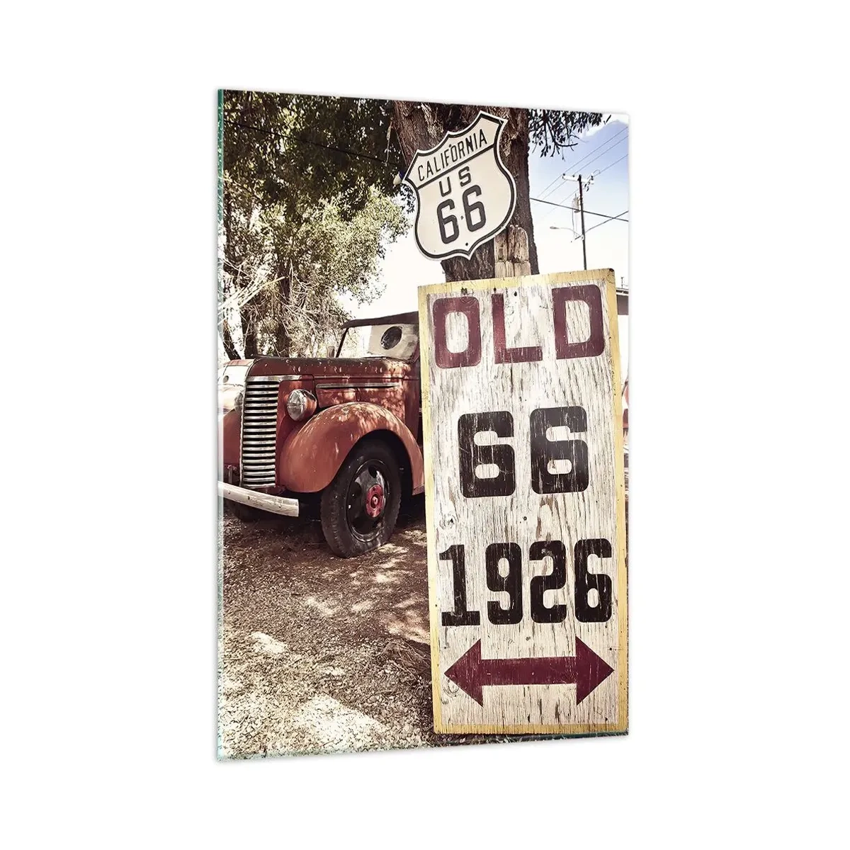 Glasbild - Bild auf glas - Retro-Auto und Route 66-Schild in rustikalem Ambiente - 80x120cm - Die Legende der amerikanischen Provinz - Moderne Wanddekoration für Wohnzimmer und Schlafzimmer ARTTOR