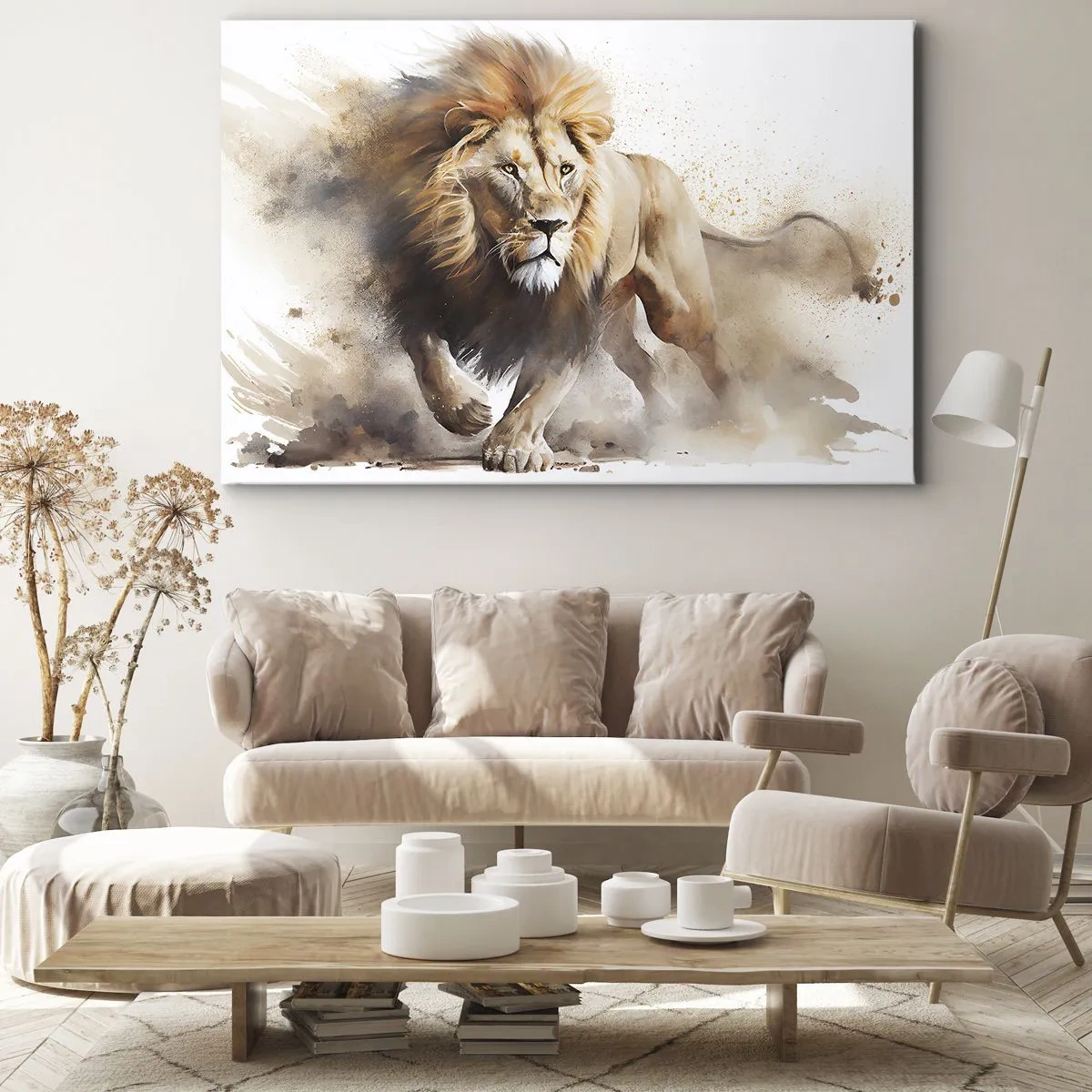 Bild auf Leinwand - Leinwandbild - Ein dynamisches Porträt eines Löwen in natürlichen Farben. - 70x50cm - Der König zog um - Moderne Wanddekoration für Wohnzimmer und Schlafzimmer ARTTOR