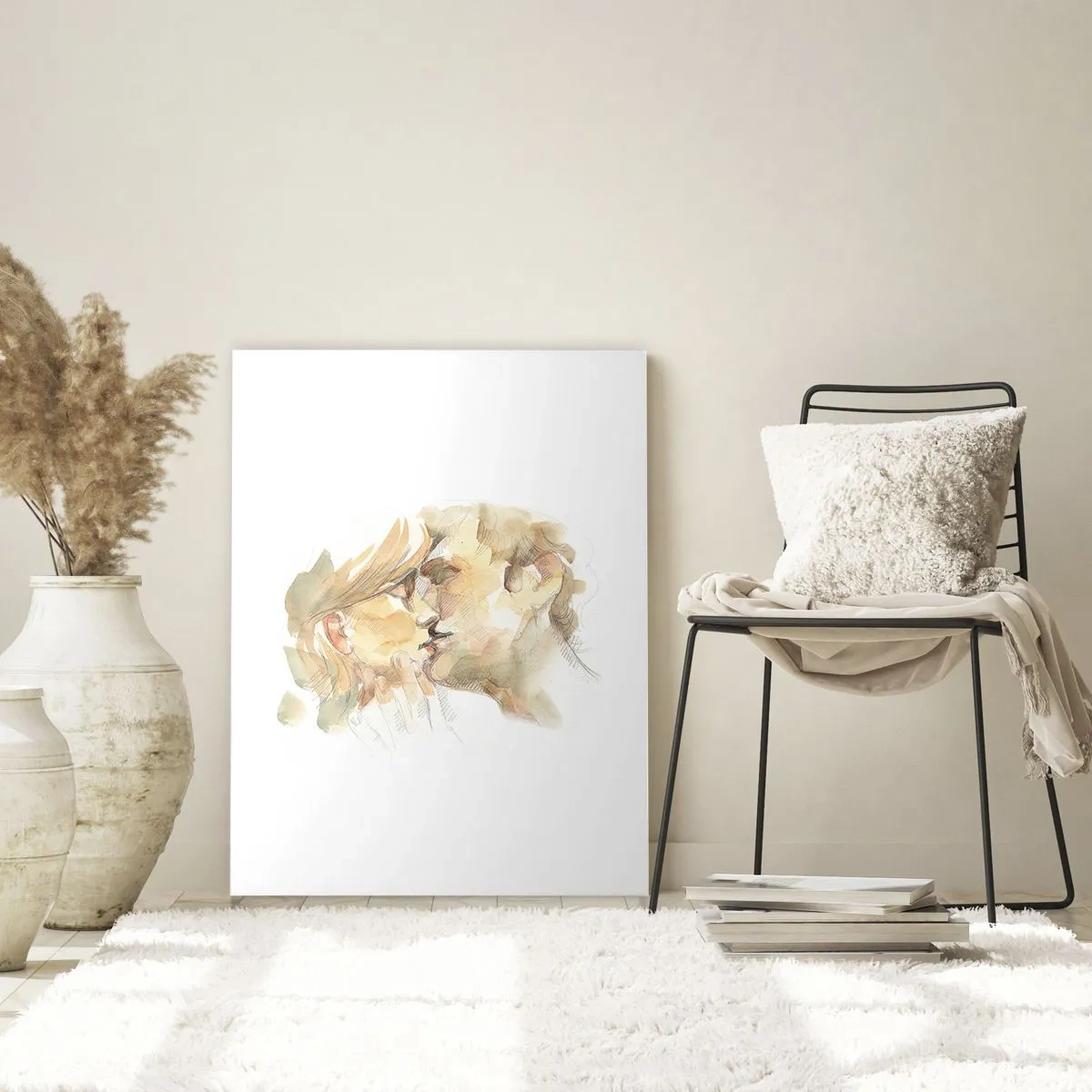 Glasbild - Bild auf glas - Romantisches Aquarellporträt eines sich küssenden Paares - 70x100cm - Hälfte gefunden? - Moderne Wanddekoration für Wohnzimmer und Schlafzimmer ARTTOR