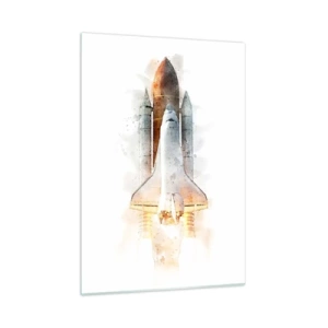 Glasbild - Bild auf glas - Ein startendes Space Shuttle im Aquarellstil auf weißem Hintergrund. - 50x70cm - Entdecker für den Anfang - Moderne Wanddekoration für Wohnzimmer und Schlafzimmer ARTTOR