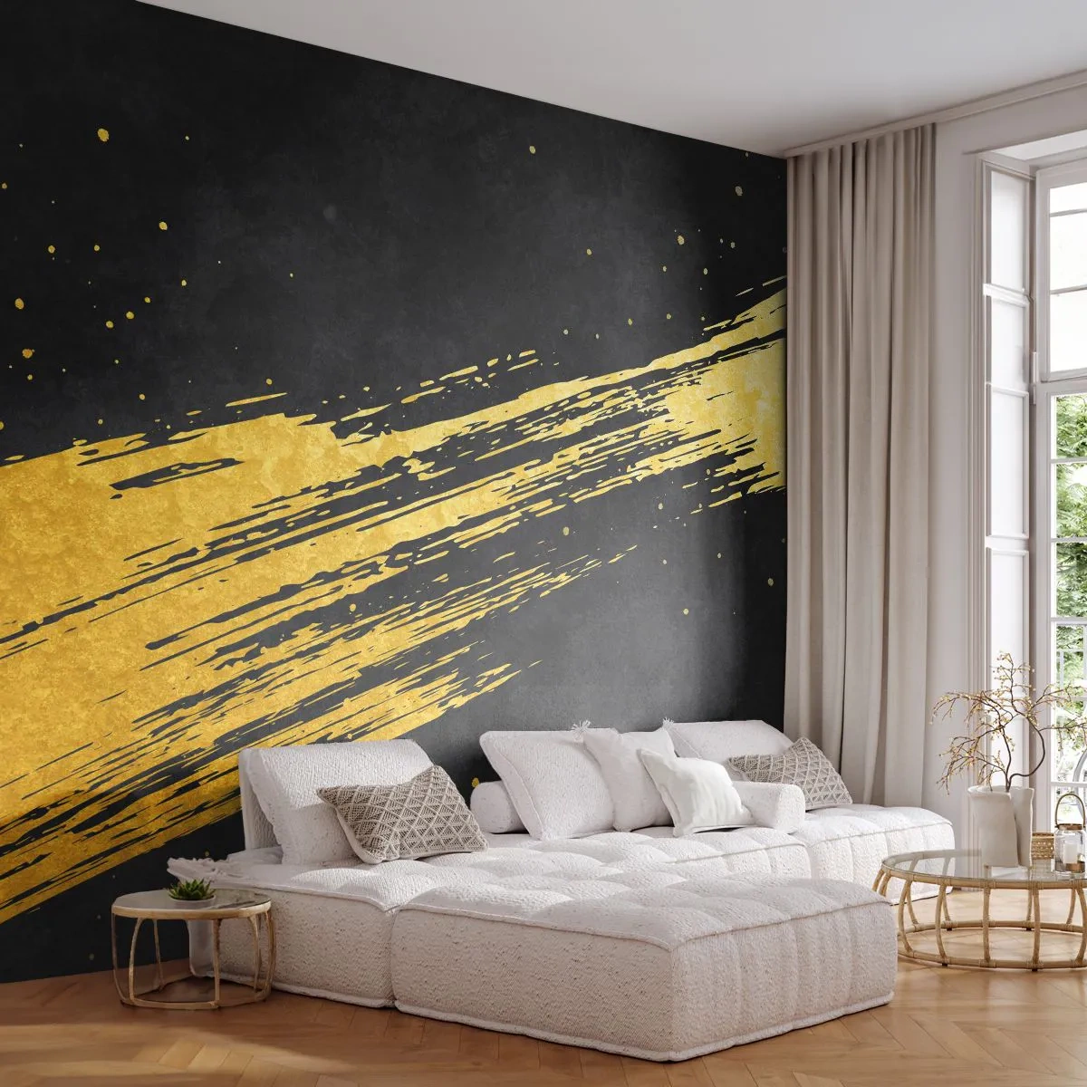 Fototapete Premium Sand - Goldpinsel auf schwarzem Hintergrund mit Highlights - 100x70cm - Sprung in den Hyperraum - Moderne Wanddekoration für Wohnzimmer und Schlafzimmer ARTTOR