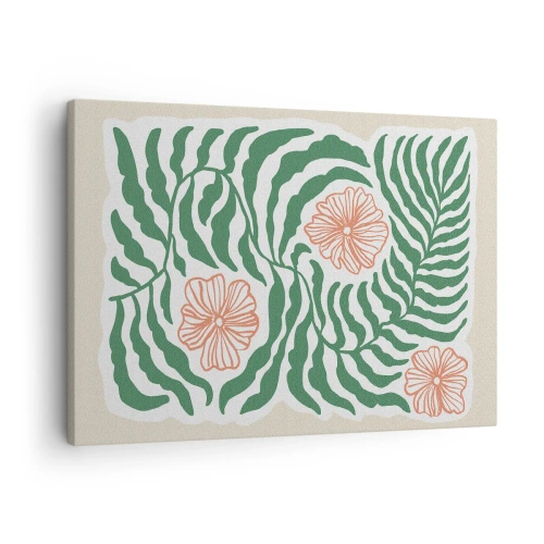 Bild auf Leinwand - Leinwandbild - Ein minimalistisches Motiv aus grünen Blättern mit Blüten in Orangetönen. - 70x50cm - Aufgeblüht in Grün - Moderne Wanddekoration für Wohnzimmer und Schlafzimmer ARTTOR