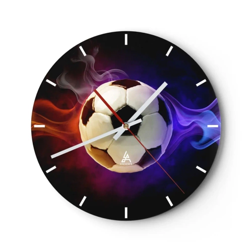 Wanduhr - Glasuhr - Ein Fußball, umgeben von bunten Flammen - 30x30cm - Die magische Kraft des Spiels - Moderne Wanddekoration für Wohnzimmer, Küche und Schlafzimmer ARTTOR
