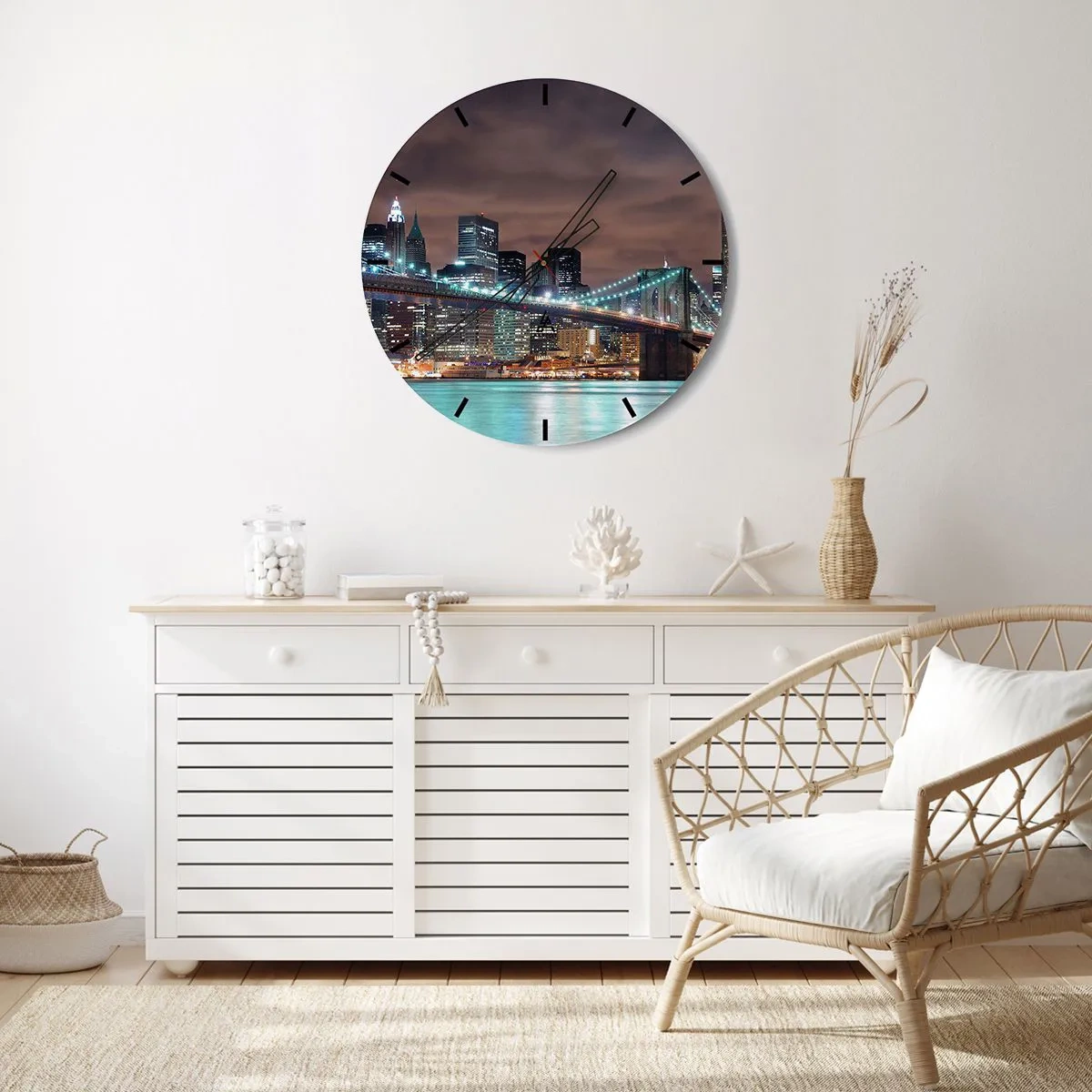 Wanduhr - Glasuhr - Brooklyn Bridge und die Skyline von New York bei Nacht - 30x30cm - Lichter der Großstadt - Moderne Wanddekoration für Wohnzimmer, Küche und Schlafzimmer ARTTOR