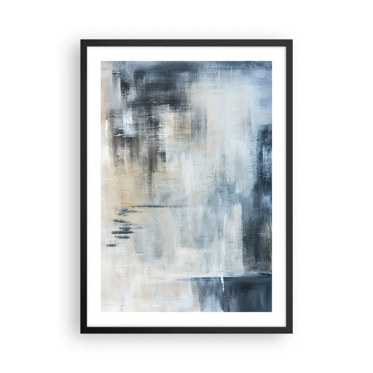 Poster in einem schwarzem Rahmen - Abstrakte Komposition in Blau- und Beigetönen - 50x70cm - Hinter dem blauen Vorhang - Moderne Wanddekoration für Wohnzimmer und Schlafzimmer ARTTOR