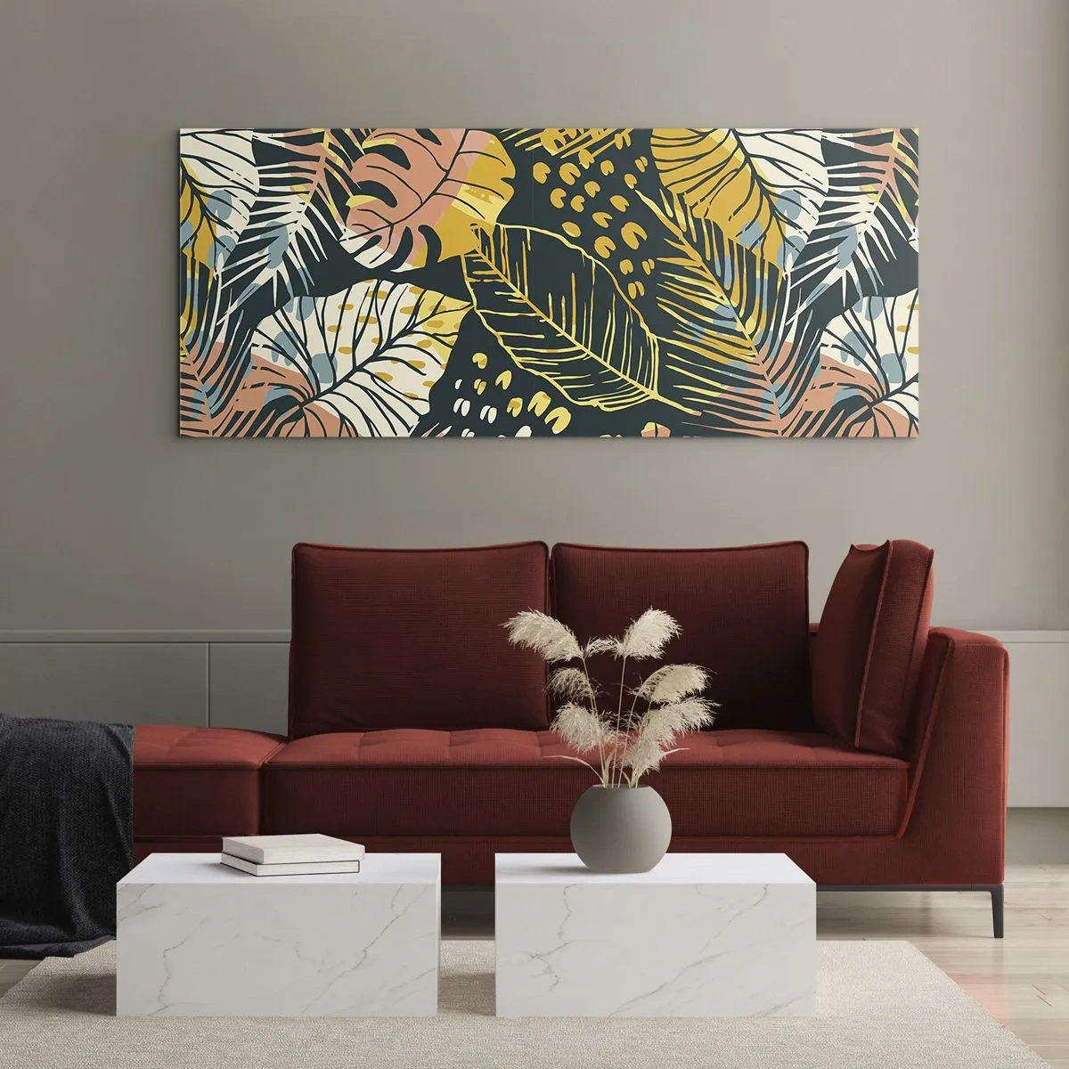 Glasbild - Bild auf glas - Bunte Blätter auf dunklem Hintergrund - 160x50cm - Grüne Fantasie - Moderne Wanddekoration für Wohnzimmer und Schlafzimmer ARTTOR