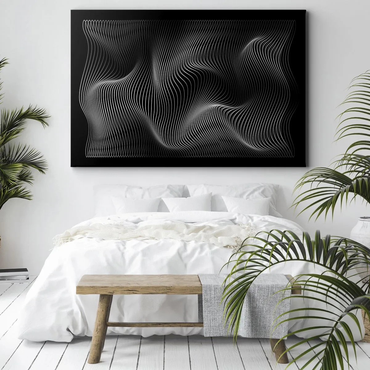 Bild auf Leinwand - Leinwandbild - Abstrakte weiße Linien auf schwarzem Hintergrund - 70x50cm - Lichttanz im Raum - Moderne Wanddekoration für Wohnzimmer und Schlafzimmer ARTTOR