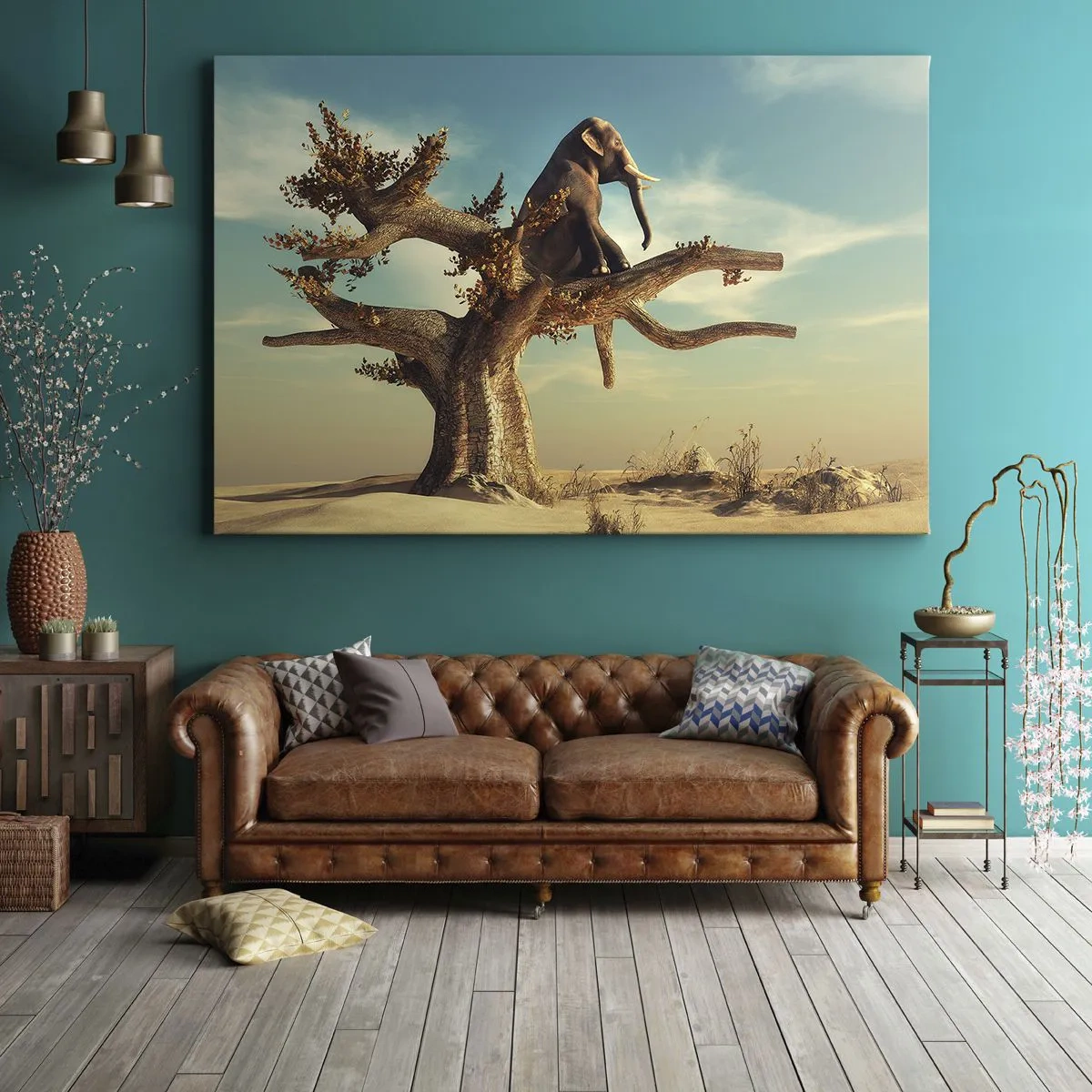 Bild auf Leinwand - Leinwandbild - Ein Elefant sitzt auf einem Baum in einer surrealen Landschaft - 120x80cm - Ein neuer Standpunkt - Moderne Wanddekoration für Wohnzimmer und Schlafzimmer ARTTOR