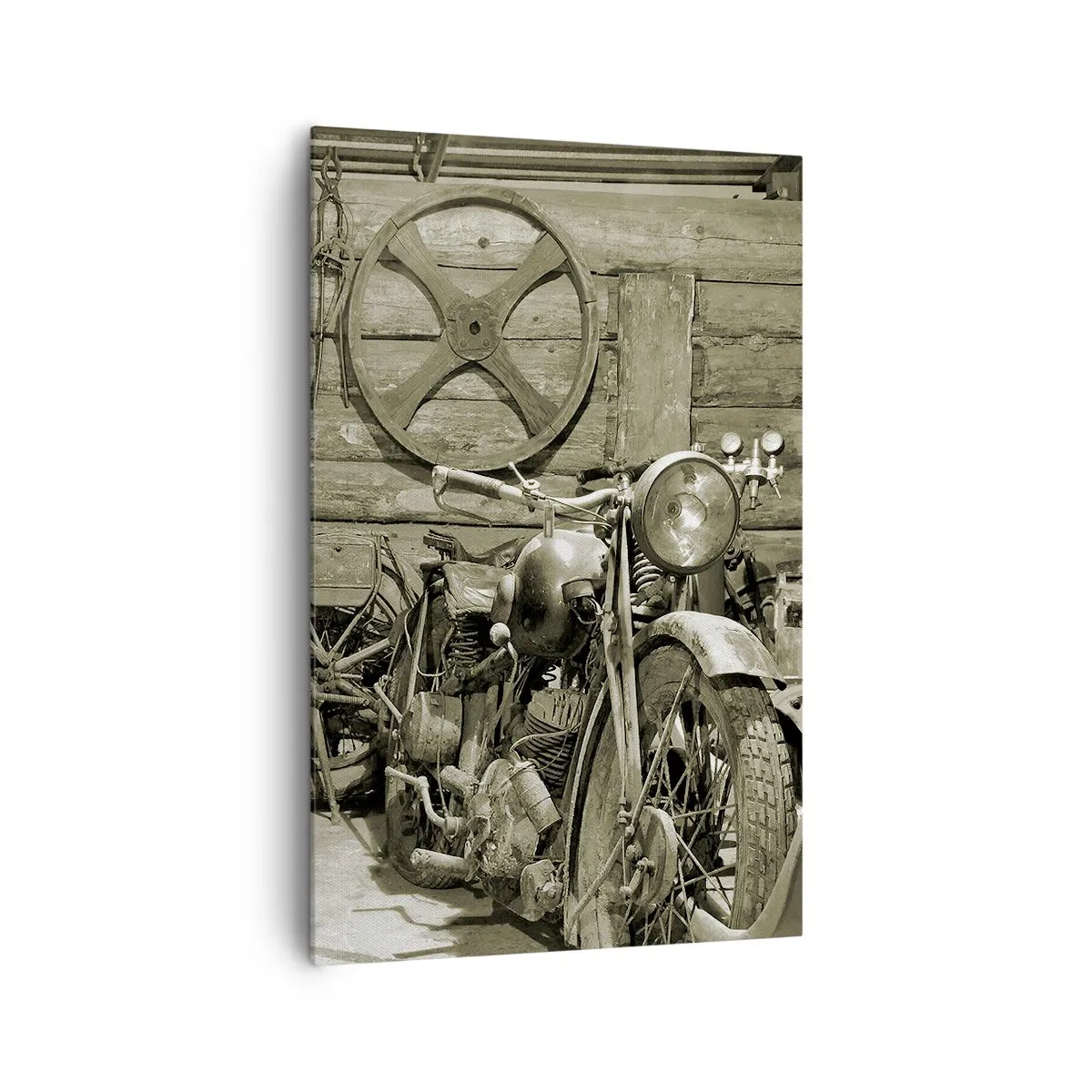 Bild auf Leinwand - Leinwandbild - Retro-Werkstatt mit Motorrädern und Werkzeug - 80x120cm - Im Schuppen von Onkel Władek - Moderne Wanddekoration für Wohnzimmer und Schlafzimmer ARTTOR