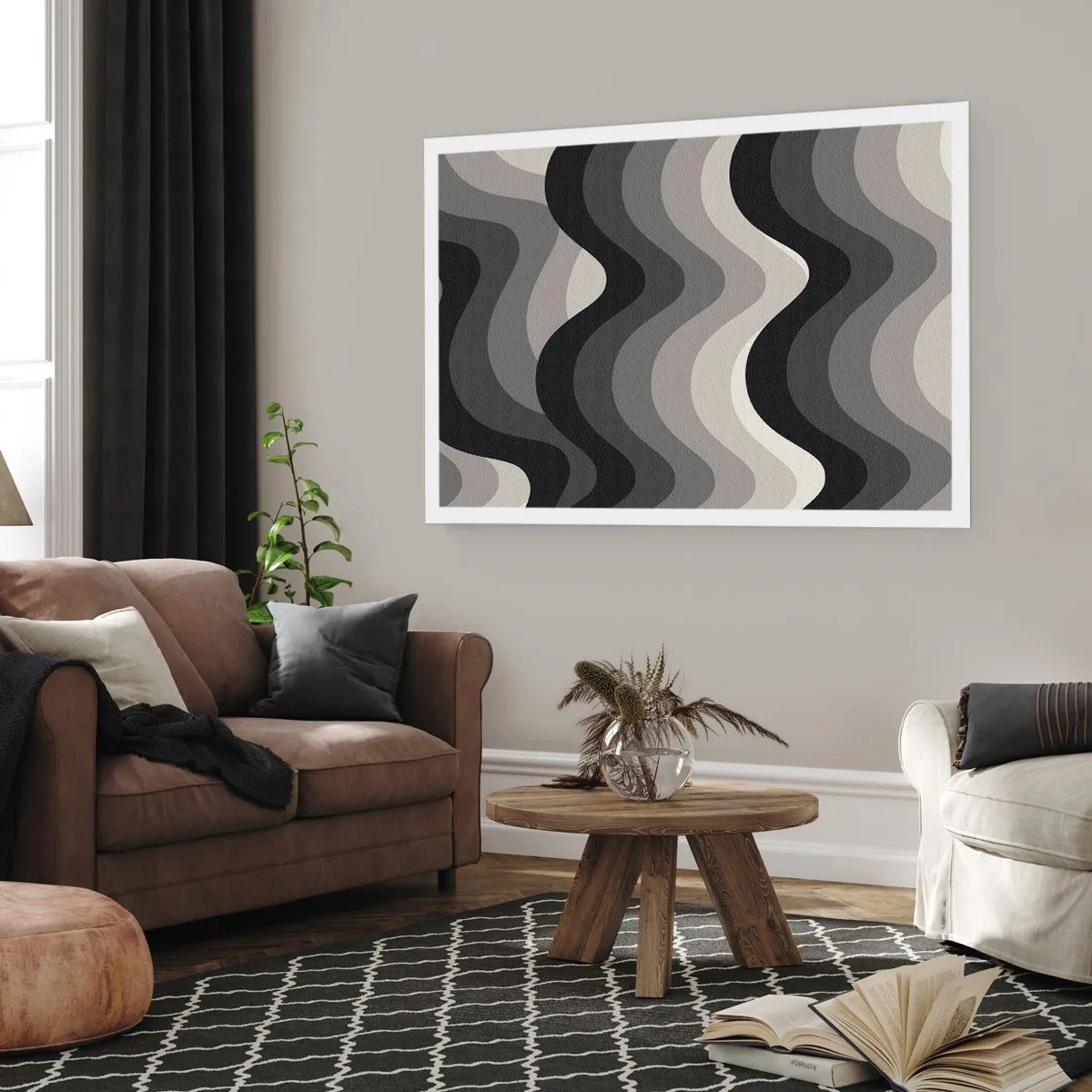Poster - Schwarz-weiße Wellenmuster in Grautönen - 100x70cm - Eine Welle nach der anderen - Moderne Wanddekoration für Wohnzimmer und Schlafzimmer ARTTOR