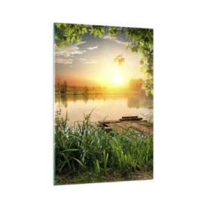 Glasbild - Bild auf glas - Grüne Landschaft mit einem See bei Sonnenuntergang - 70x100cm - Landschaft in einem grünen Rahmen - Moderne Wanddekoration für Wohnzimmer und Schlafzimmer ARTTOR