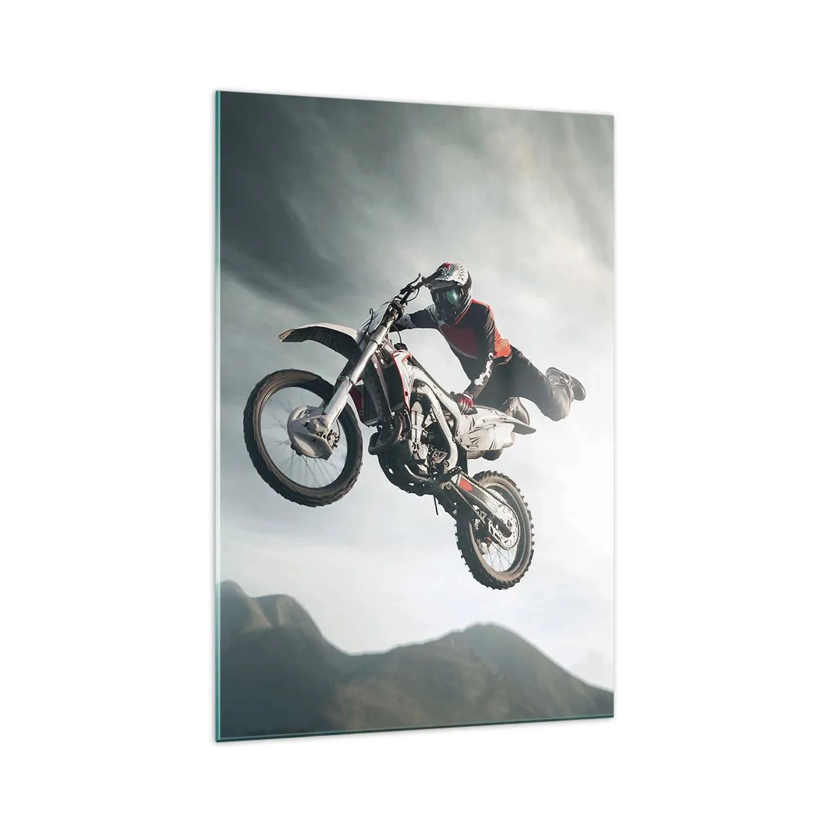 Glasbild - Bild auf glas - Motorradfahrer in der Luft bei einem Sprung - 70x100cm - Kein Spaß ohne Risiko - Moderne Wanddekoration für Wohnzimmer und Schlafzimmer ARTTOR