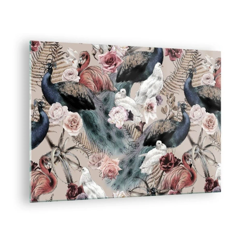 Glasbild - Bild auf glas - Pfauen und Flamingos umgeben von Rosen und Farnen - 70x50cm - Im Schlossgarten - Moderne Wanddekoration für Wohnzimmer und Schlafzimmer ARTTOR