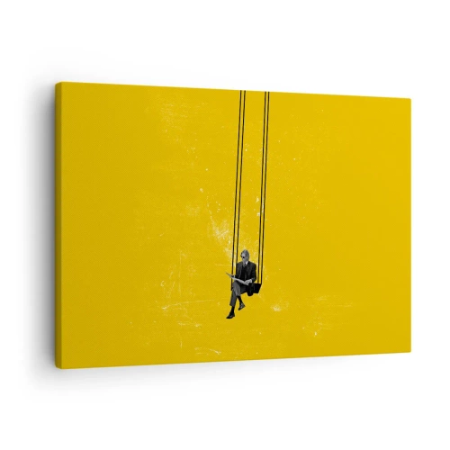 Bild auf Leinwand - Leinwandbild - Eine Person auf einer Schaukel vor einem intensiv gelben Hintergrund - 70x50cm - Tag wie jeder andere - Moderne Wanddekoration für Wohnzimmer und Schlafzimmer ARTTOR