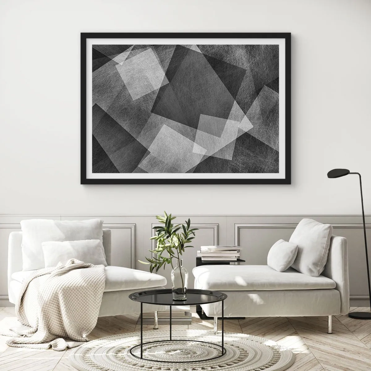 Poster in einem schwarzem Rahmen - Schwarz-Weiß-Abstraktion mit geometrischen Formen - 100x70cm - Das ewige Symbol für Beständigkeit und Ordnung - Moderne Wanddekoration für Wohnzimmer und Schlafzimmer ARTTOR