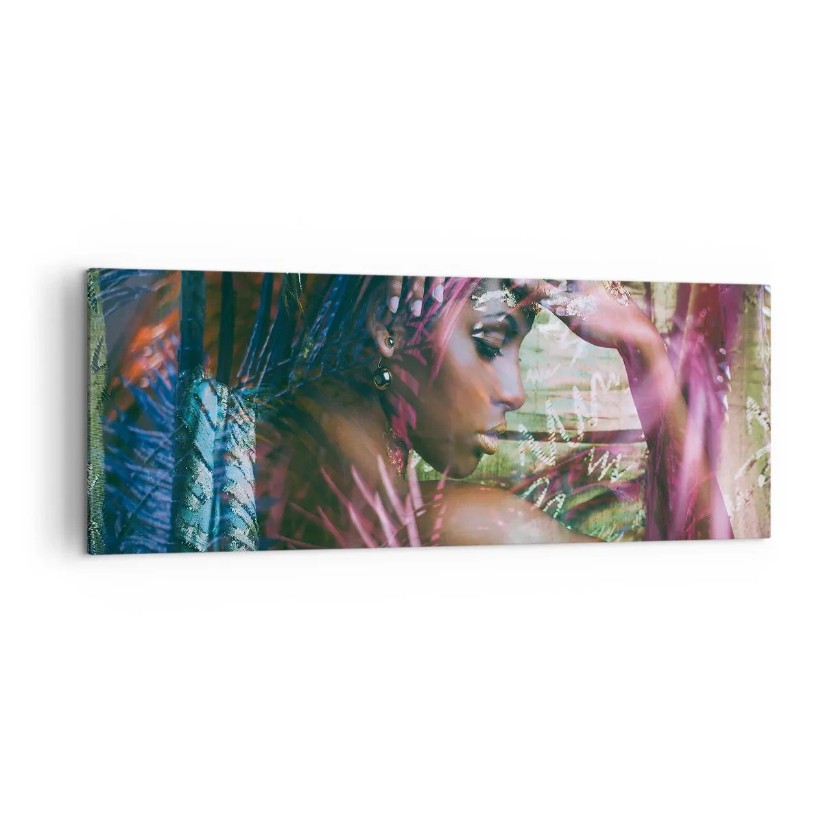 Bild auf Leinwand - Leinwandbild - Porträt einer Frau, umgeben von exotischer Vegetation - 140x50cm - Mutter Natur im Dschungel - Moderne Wanddekoration für Wohnzimmer und Schlafzimmer ARTTOR