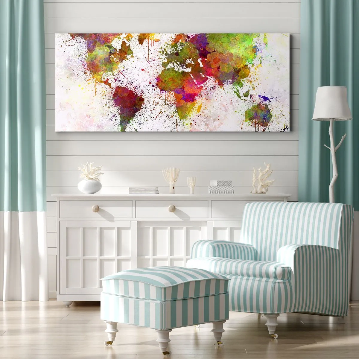 Bild auf Leinwand - Leinwandbild - Eine farbenfrohe Weltkarte im abstrakten Stil - 140x50cm - Irgendwie ist es gleich geworden - Moderne Wanddekoration für Wohnzimmer und Schlafzimmer ARTTOR