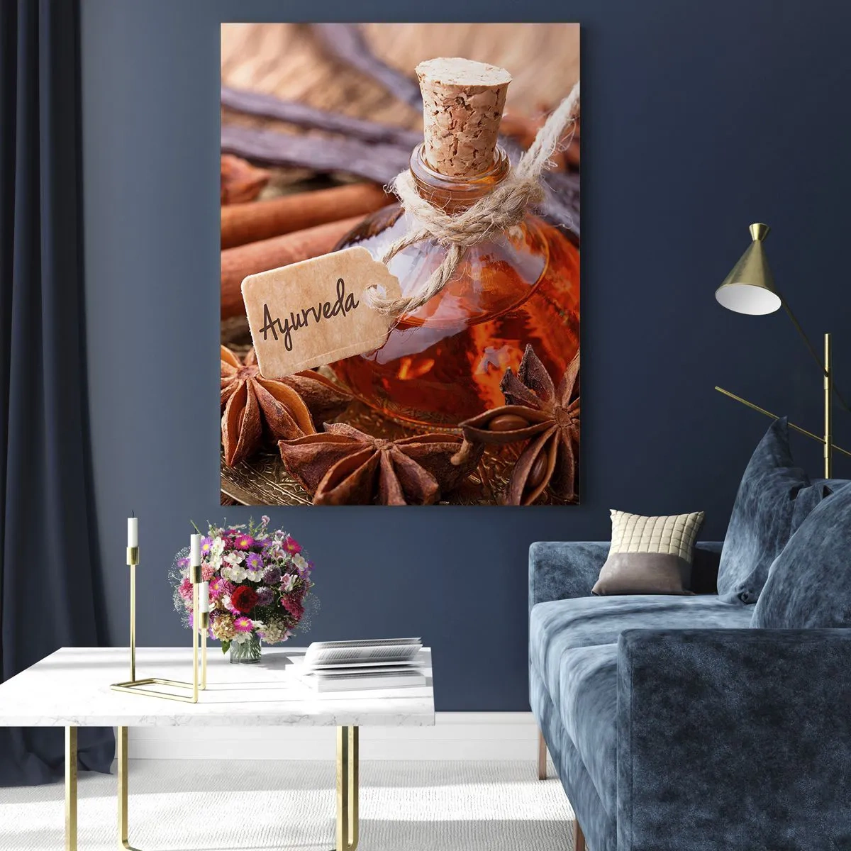 Glasbild - Bild auf glas - Eine Flasche Gewürzöl auf einem Tablett - 80x120cm - Zur Einheit von Körper und Geist - Moderne Wanddekoration für Wohnzimmer und Schlafzimmer ARTTOR