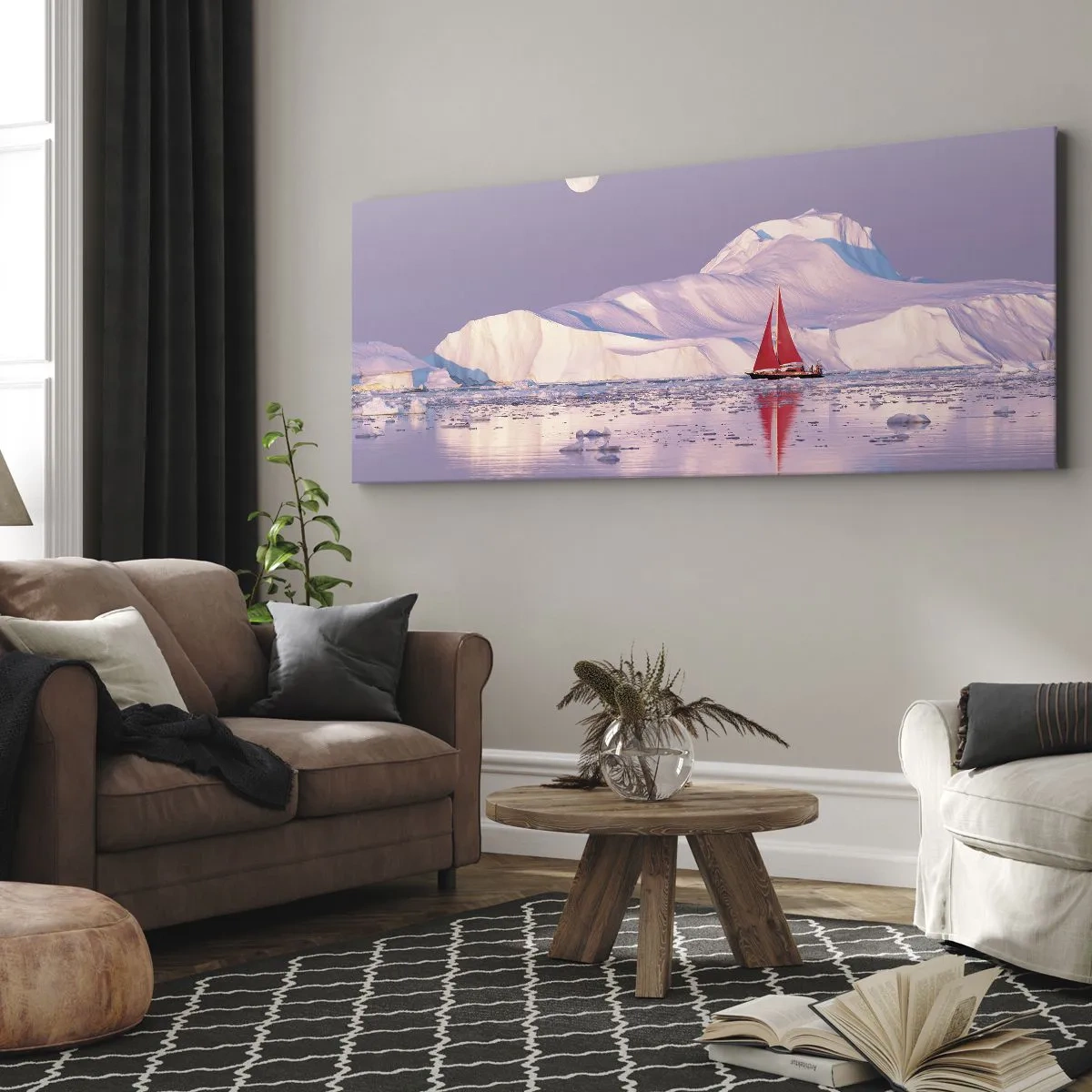 Bild auf Leinwand - Leinwandbild - Ein rotes Segel vor der Kulisse eisiger Berge und eines Vollmonds. - 140x50cm - Die Hitze des Segels, die Kälte des Eises - Moderne Wanddekoration für Wohnzimmer und Schlafzimmer ARTTOR