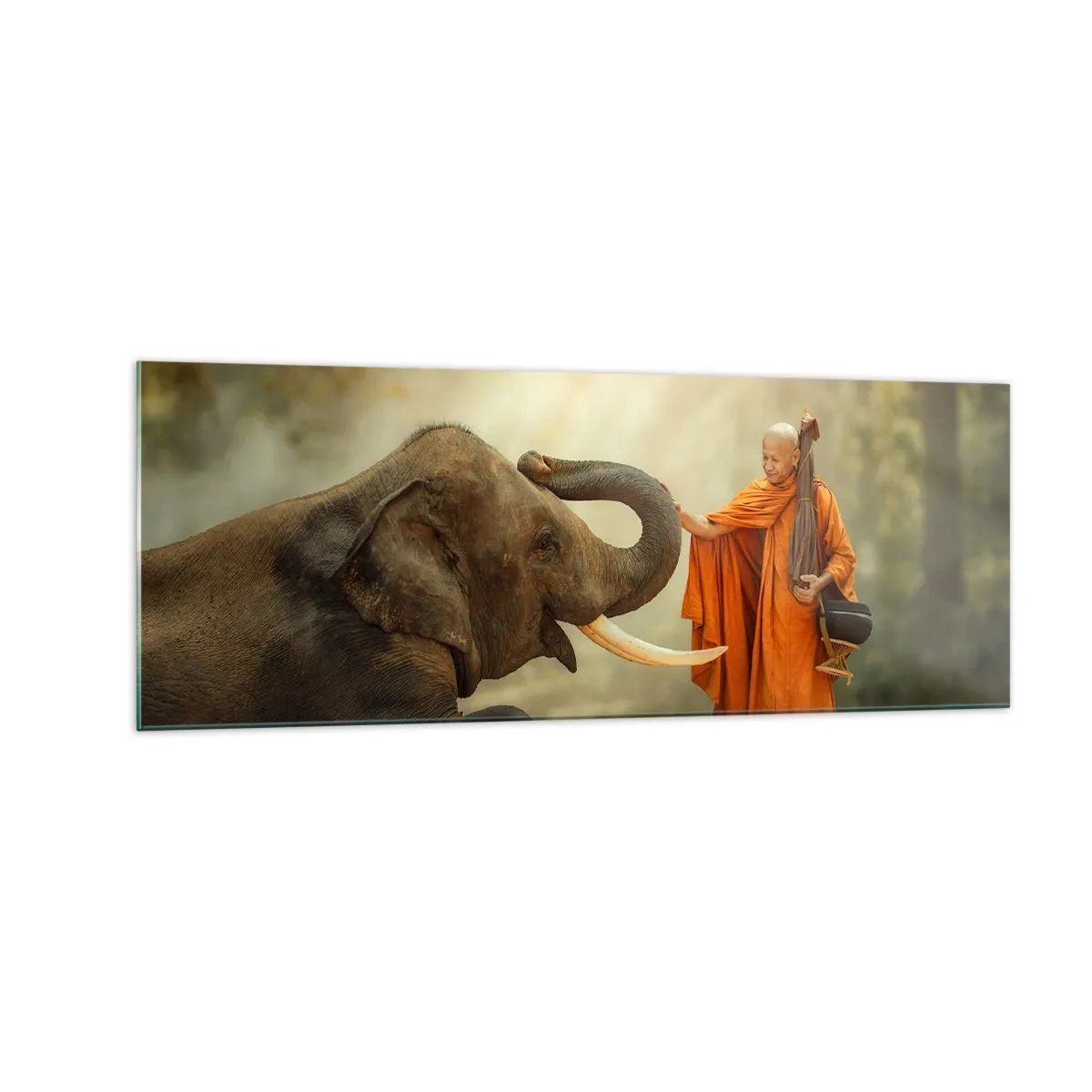 Glasbild - Bild auf glas - Ein Mönch und ein Elefant in Harmonie vor der Kulisse der Natur - 140x50cm - Treffen unterwegs - Moderne Wanddekoration für Wohnzimmer und Schlafzimmer ARTTOR