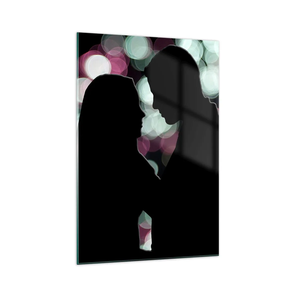 Glasbild - Bild auf glas - Silhouetten eines Paares vor dem Hintergrund bunter Bokeh-Lichter - 70x100cm - Jawohl! - Moderne Wanddekoration für Wohnzimmer und Schlafzimmer ARTTOR