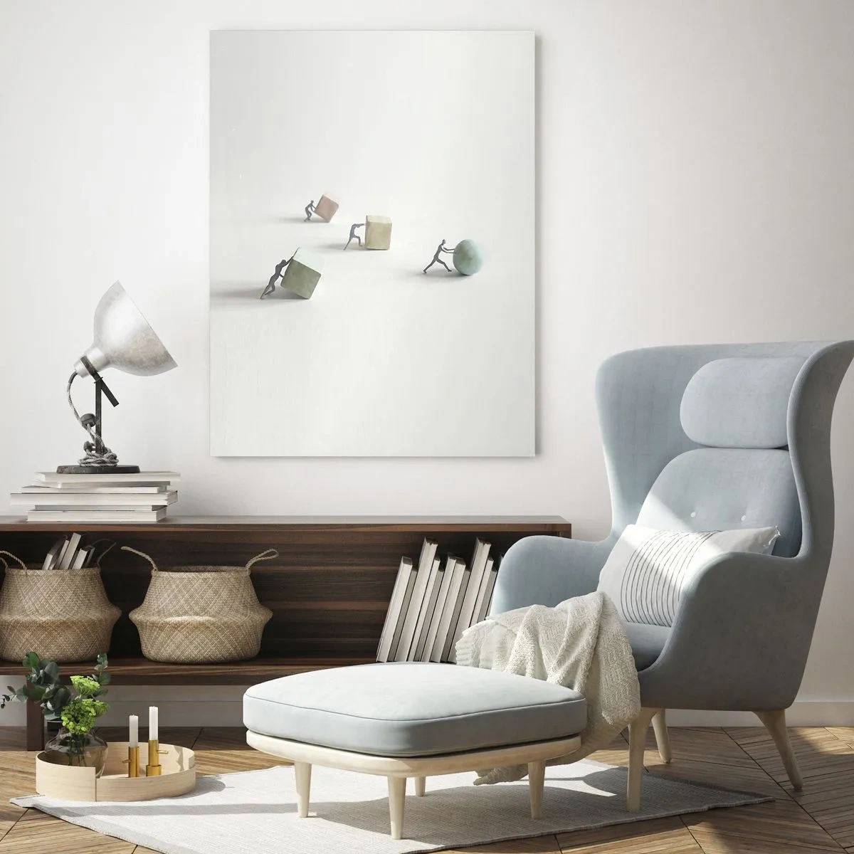 Glasbild - Bild auf glas - Miniaturfiguren rollen und schieben geometrische Formen. - 50x70cm - Pures Leben - Moderne Wanddekoration für Wohnzimmer und Schlafzimmer ARTTOR