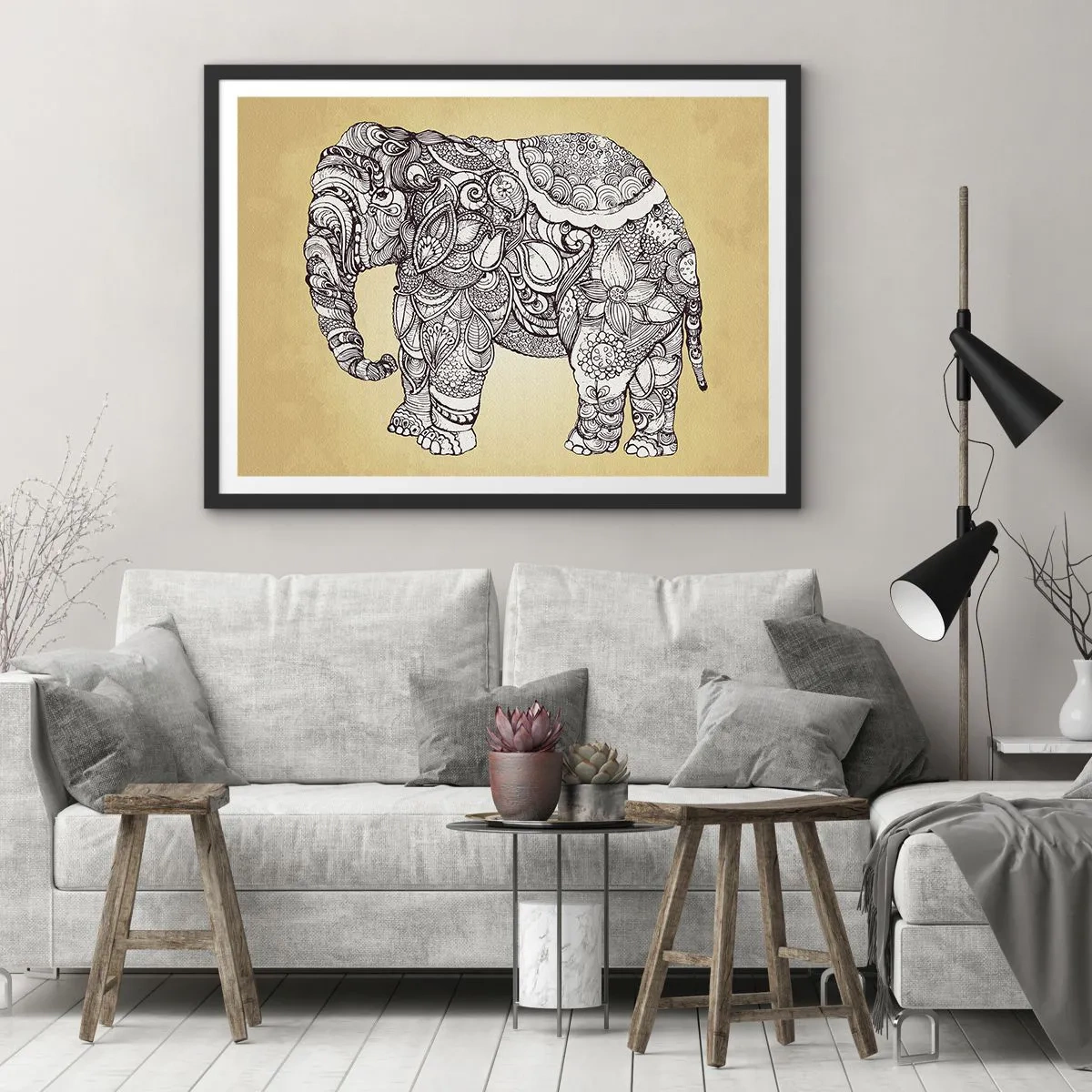 Poster in einem schwarzem Rahmen - Elefant verhüllte sich - 40x30 cm