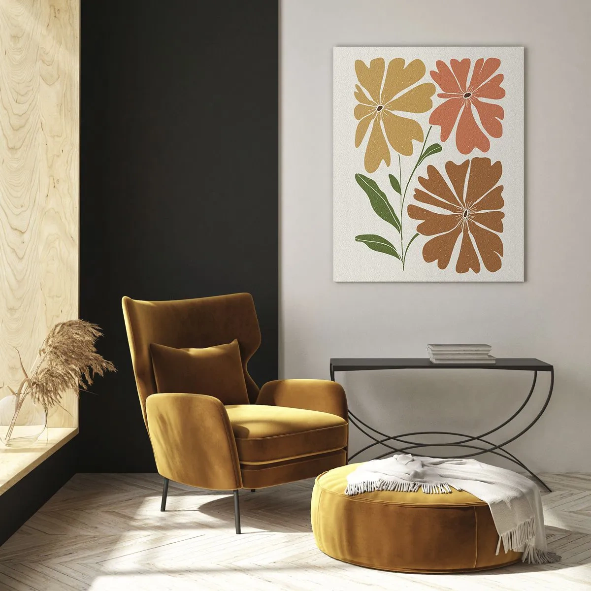 Glasbild - Bild auf glas - Drei Blumen in warmen Farben auf hellem Hintergrund - 70x100cm - Natur und Geometrie - Moderne Wanddekoration für Wohnzimmer und Schlafzimmer ARTTOR