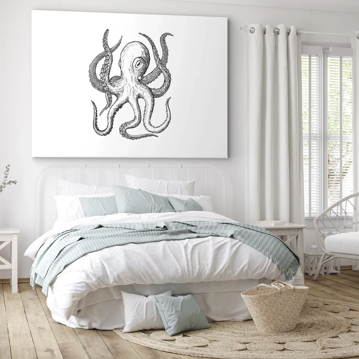 Bild auf Leinwand - Leinwandbild - Schwarz-weiße Zeichnung eines Oktopus auf weißem Hintergrund im Vintage-Stil - 100x70cm - Mit den Wellen tanzen - Moderne Wanddekoration für Wohnzimmer und Schlafzimmer ARTTOR
