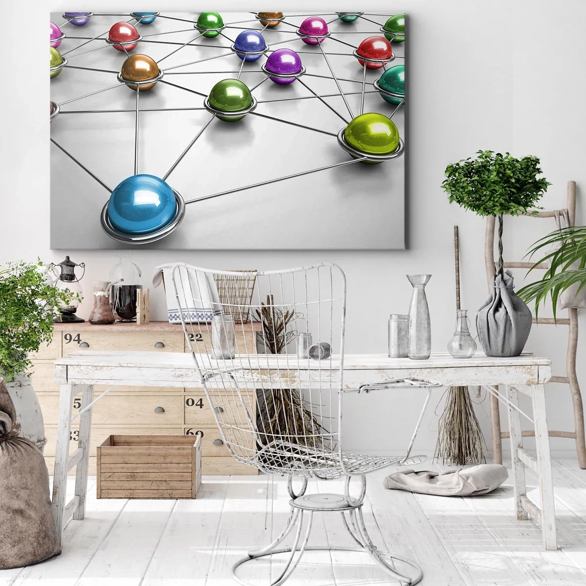 Bild auf Leinwand - Leinwandbild - Bunte Kugeln, die durch dünne Linien auf weißem Hintergrund verbunden sind - 120x80cm - Kosmisches Spinnennetz - Moderne Wanddekoration für Wohnzimmer und Schlafzimmer ARTTOR