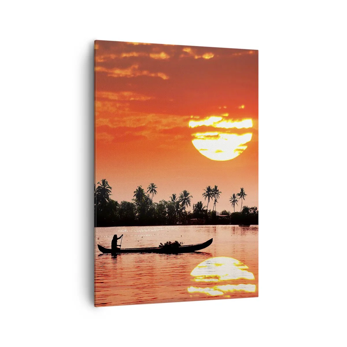 Bild auf Leinwand - Leinwandbild - Tropischer Sonnenuntergang mit einem Boot und Palmen im Hintergrund - 70x100cm - Die Ruhe der Tropen bei Sonnenuntergang - Moderne Wanddekoration für Wohnzimmer und Schlafzimmer ARTTOR
