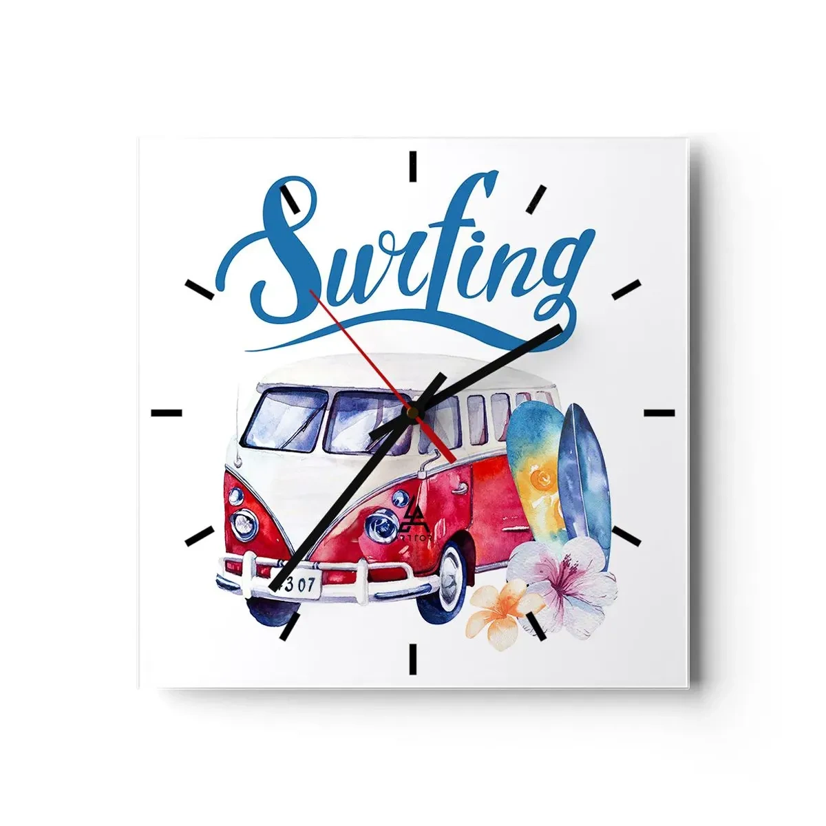 Wanduhr - Glasuhr - Bunte Grafiken mit einem Bus und einem Surfthema - 30x30cm - Gurke - ein Klassiker für einen Surfer - Moderne Wanddekoration für Wohnzimmer und Schlafzimmer ARTTOR