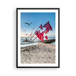 Poster in einem schwarzem Rahmen - Fischerboot mit roten Fahnen am Strand - 50x70cm - Wohlverdiente Ruhe - Moderne Wanddekoration für Wohnzimmer und Schlafzimmer ARTTOR