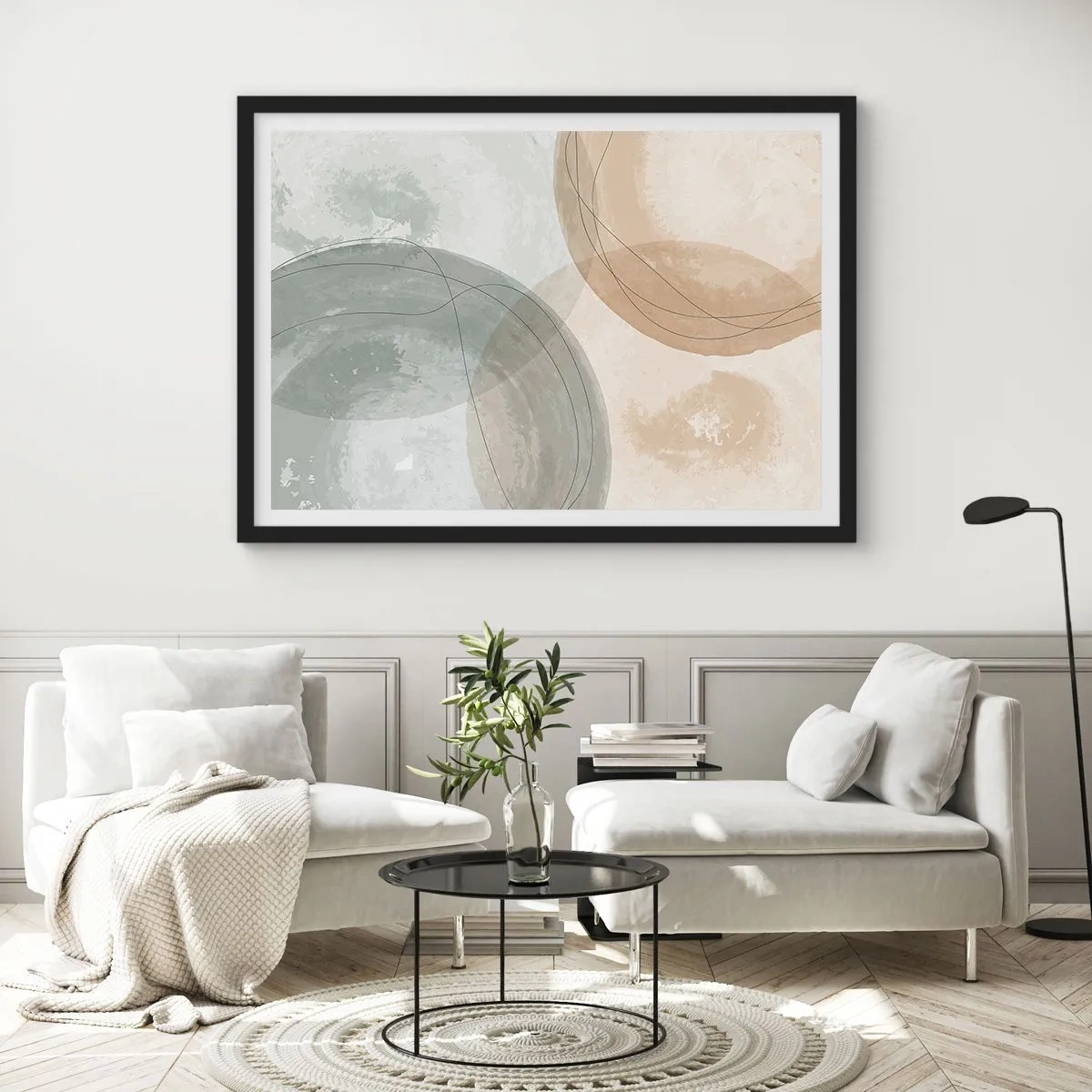 Poster in einem schwarzem Rahmen - Abstrakte Komposition in Pastellfarben mit Linien - 70x50cm - Welten durchdringen - Moderne Wanddekoration für Wohnzimmer und Schlafzimmer ARTTOR