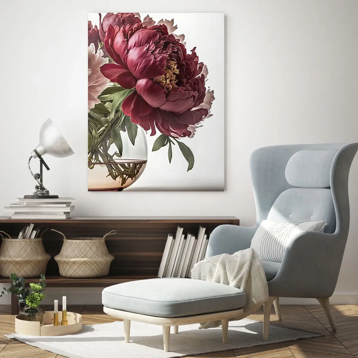 Glasbild - Bild auf glas - Ein Strauß Pfingstrosen in einer Glasvase auf hellem Hintergrund - 50x70cm - In voller Schönheit - Moderne Wanddekoration für Wohnzimmer und Schlafzimmer ARTTOR