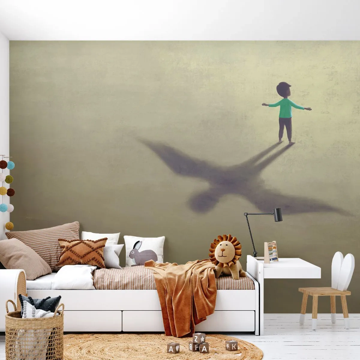 Fototapete Standard Eco - Silhouette eines Kindes mit einem vogelförmigen Schatten auf dem Boden - 100x70cm - Der Held der Zukunft - Moderne Wanddekoration für Wohnzimmer und Schlafzimmer ARTTOR