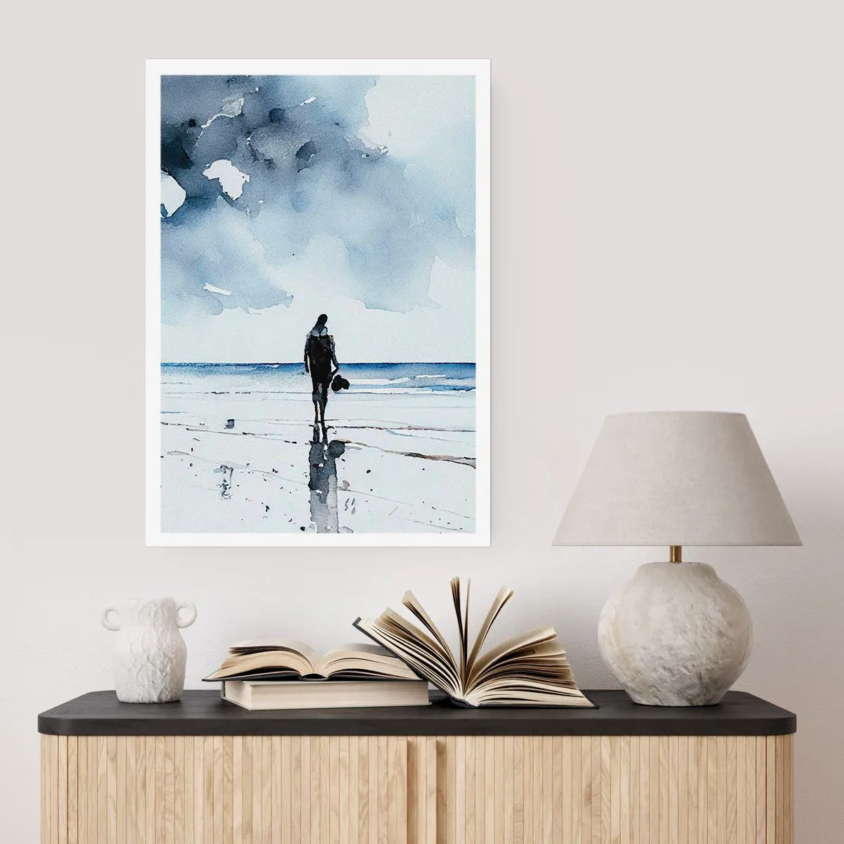 Poster - Aquarelllandschaft mit einer Figur am Strand - 50x70cm - Gespräch mit dem Meer - Moderne Wanddekoration für Wohnzimmer und Schlafzimmer ARTTOR
