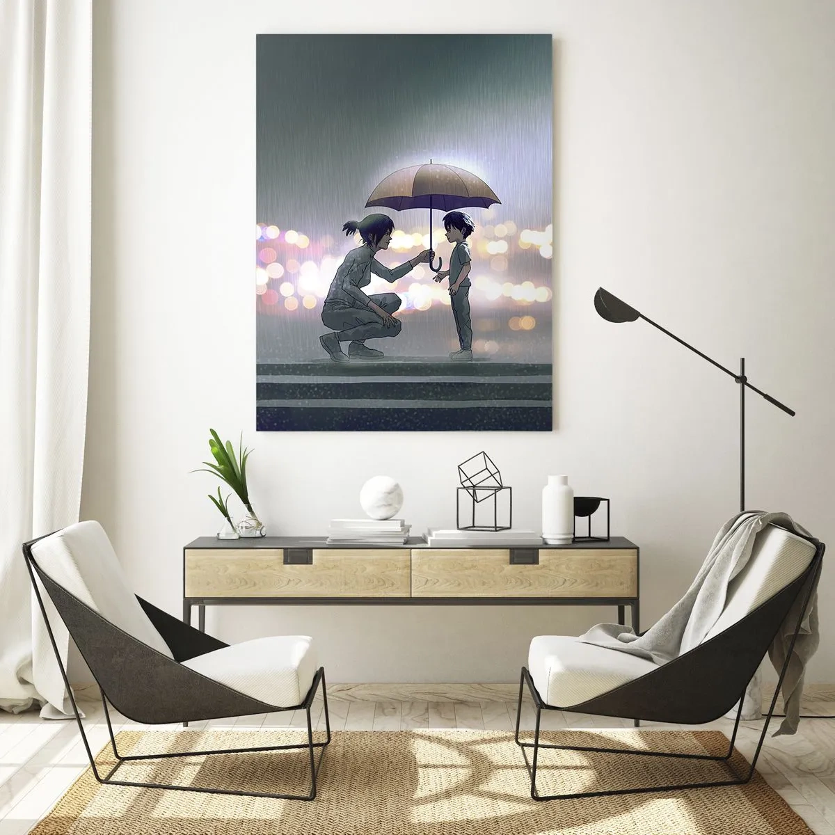 Glasbild - Bild auf glas - Eine Figur mit einem Regenschirm schützt ein Kind vor dem Hintergrund nächtlicher Lichter. - 70x100cm - Und jetzt ist alles in Ordnung - Moderne Wanddekoration für Wohnzimmer und Schlafzimmer ARTTOR