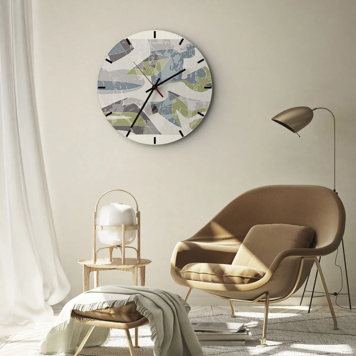 Wanduhr - Glasuhr - Geometrische Abstraktionen in Grün und Blau auf hellem Hintergrund - 30x30cm - Komposition hinter dem Glas - Moderne Wanddekoration für Wohnzimmer, Küche und Schlafzimmer ARTTOR