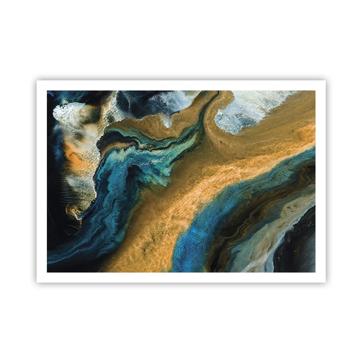 Poster - Abstrakte Wellen in Gold- und Blautönen - 100x70cm - Blau - Gelb - gegenseitige Beeinflussung - Moderne Wanddekoration für Wohnzimmer und Schlafzimmer ARTTOR
