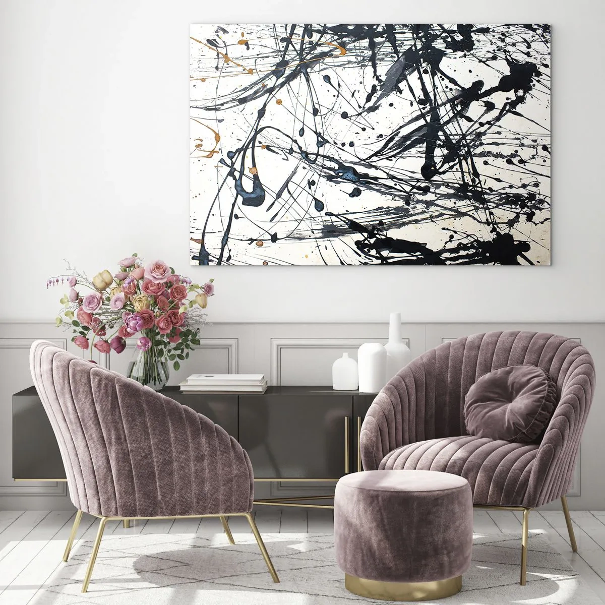 Glasbild - Bild auf glas - Dynamische Farbspritzer auf weißem Hintergrund - 70x50cm - Expressionistische Abstraktion - Moderne Wanddekoration für Wohnzimmer und Schlafzimmer ARTTOR