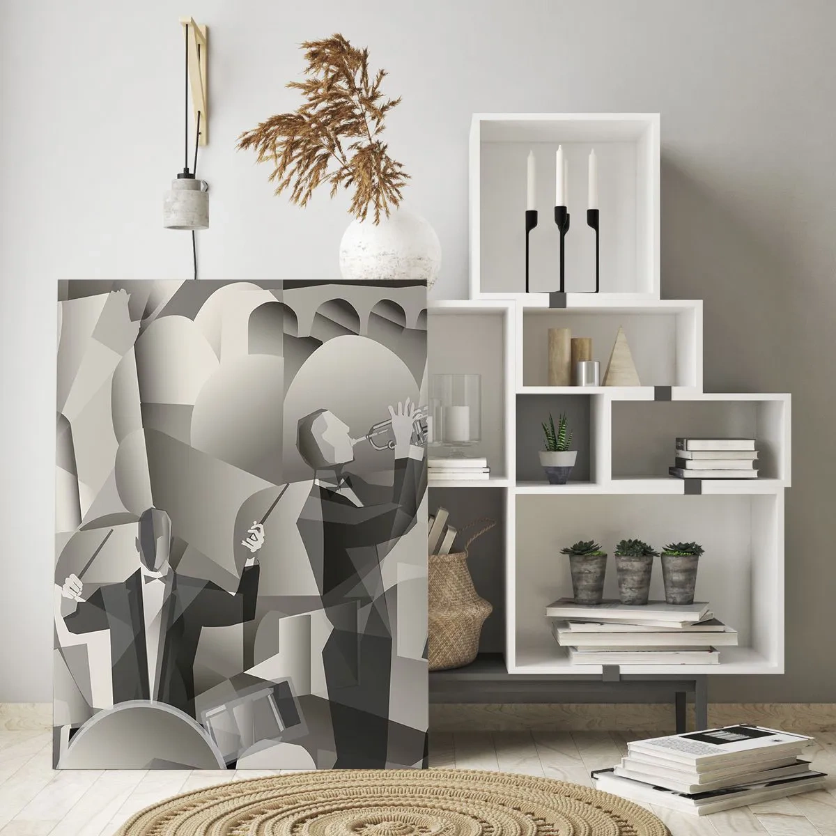 Glasbild - Bild auf glas - Stilisierte Jazzband-Bühne in monochromen Tönen - 50x70cm - Im Raum der Klänge - Moderne Wanddekoration für Wohnzimmer und Schlafzimmer ARTTOR