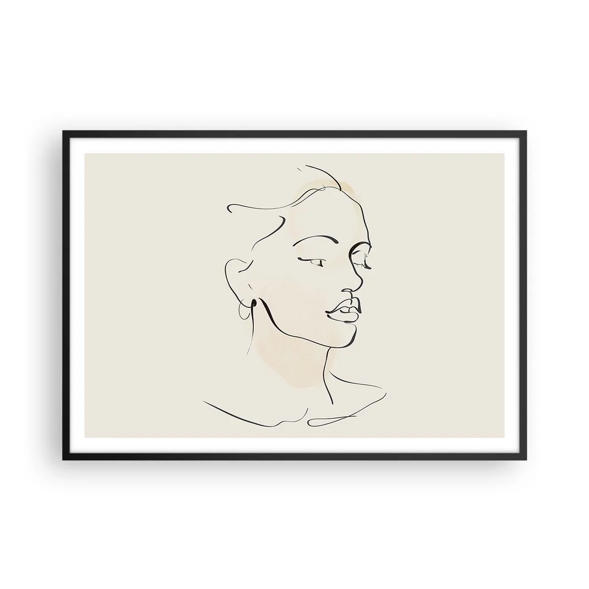 Poster in einem schwarzem Rahmen - Eine zarte Skizze eines Frauengesichts auf hellem Hintergrund - 100x70cm - Eine bestimmte Linie - Moderne Wanddekoration für Wohnzimmer und Schlafzimmer ARTTOR