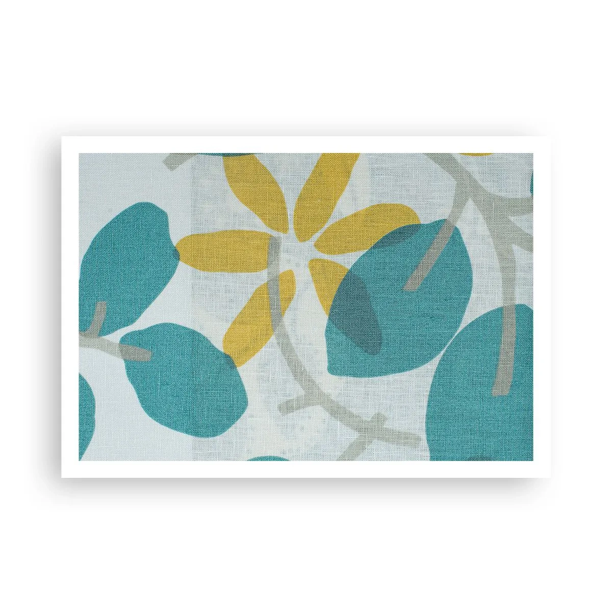 Poster - Blätter in Türkis- und Gelbtönen auf hellem Hintergrund - 100x70cm - Unter den azurblauen Blättern - Moderne Wanddekoration für Wohnzimmer und Schlafzimmer ARTTOR